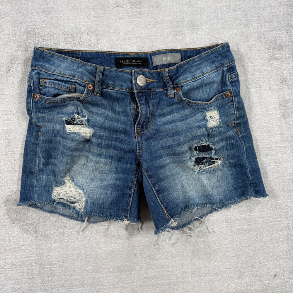 Aeropostale Shorts Womens 2 Blue Denim Midi Distressed Raw Hem Jorts Y2K Summer